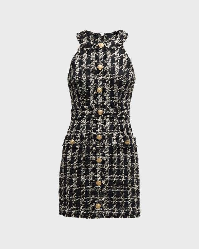 Jade Button-Front Tweed Mini Dress